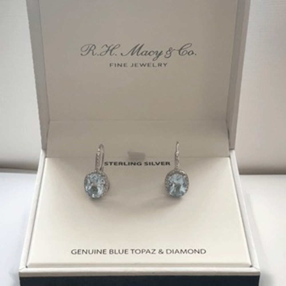 Macy's Sterling Silver Genuine Blue Topaz and Diamond Halo Drop Earrings